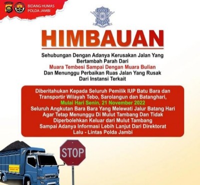 Polda Jambi Hentikan Aktifitas Angkutan Batubara Mulai dari Mulut Tambang